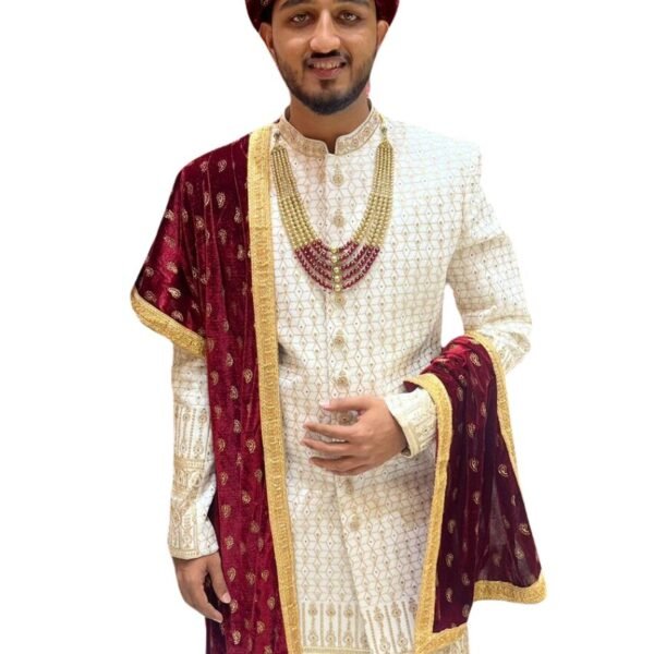 Ivory and Maroon Royal Sherwani