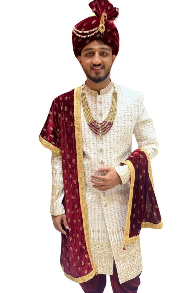 Ivory and Maroon Royal Sherwani