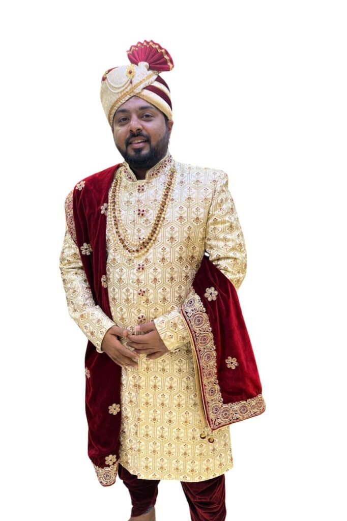 Ivory & Maroon Regal Wedding Sherwani