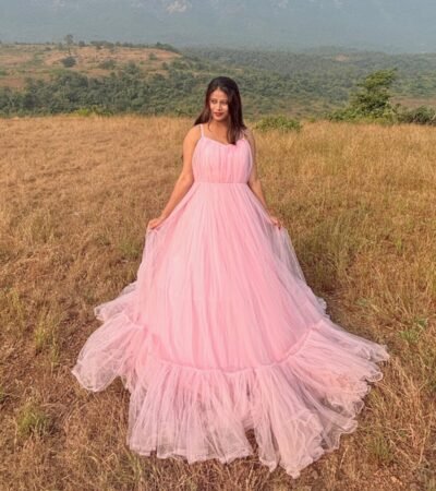 Blush Pink Tulle Gown with Lace-Up Back
