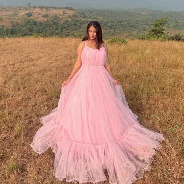 Blush Pink Tulle Gown with Lace-Up Back