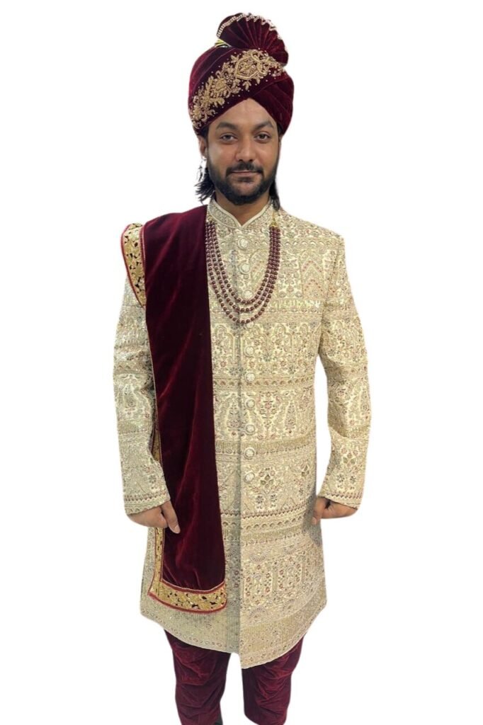 Gold Embroidered Sherwani with Maroon Velvet Dupatta