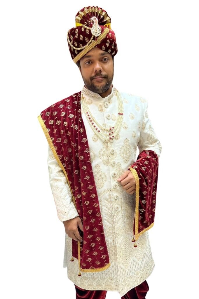Ivory & Gold Royal Sherwani with Maroon Velvet Dupatta